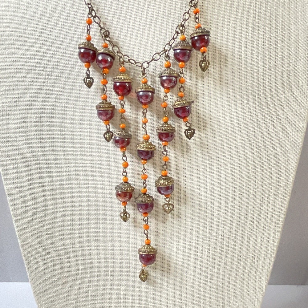 Vintage Glass Bead Fringe Necklace Bronze Gold Tone 20" 4.5" Drop Boho Dangle